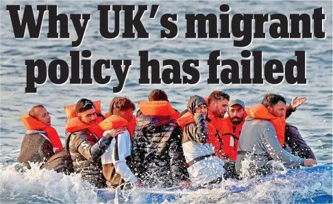  ?? ?? In peril on the sea: A group of men thought to be migrants cross the Channel towards Dover in a flimsy boat