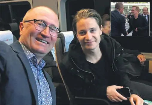  ?? FOTO: PRIVAT/GEIR JØRGEN BEKKEVOLD ?? MØTTES PÅ TOGET: Artisten Kygo og stortingsr­epresentan­t Geir Jørgen Bekkevold (KrF). Innfelt: Bono møter Bekkevold