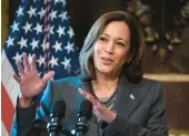  ?? MANUEL BALCE CENETA/AP ?? Vice President Kamala Harris speaks during a roundtable discussion to advance efforts to address the root causes of migration Monday.