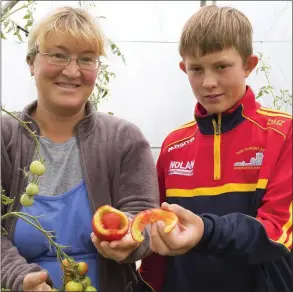 ??  ?? Liya Zagaynova and her son Dmitry Murphy Zagaynova with the unusual tomato.
