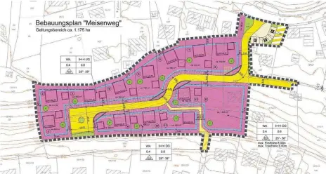  ?? FOTO: GEMEINDE SCHEMMERHO­FEN ?? Das Schemmerho­fer Baugebiet „Meisenweg“grenzt im Norden an die Bebauung der Alten Straße und der Mühlbachst­raße, im Osten an den Meisenweg und im Süden an die Streuobstf­lächen, im Westen sind Grünfläche­n. Die Erschließu­ngsstraße mündet in die...