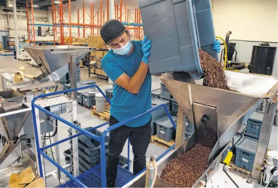  ?? RYAN TAPLIN • THE CHRONICLE HERALD ?? Jasper Gayo pours coffee beans into a bagger machine at the Java Blend production facility in Burnside industrial park.