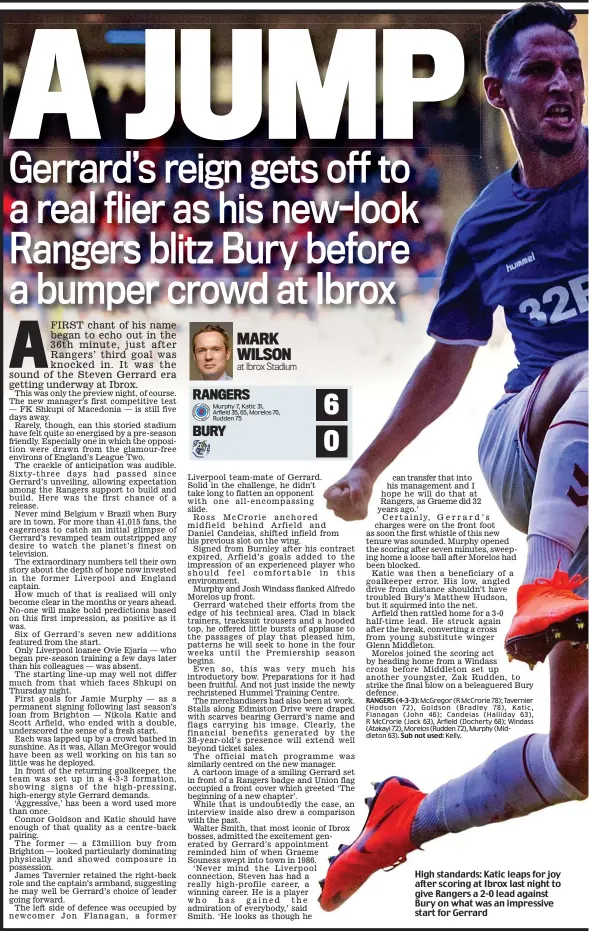  ??  ?? High standards: Katic leaps for joy after scoring at Ibrox last night to give Rangers a 2-0 lead against Bury on what was an impressive start for Gerrard