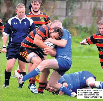  ?? Pictures: Phil Davies ?? Betws’s Gareth Comley and New Dock Stars’ Jordan Evans battle for the ball.