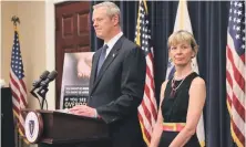  ?? STAFF FILE PHOTO BY ANGELA ROWLINGS ?? ‘NEGATIVE MOMENTUM’: Gov. Charlie Baker and Health and Human Services Secretary Marylou Sudders, seen last year, yesterday reinforced the state’s battle with the opioid crisis.