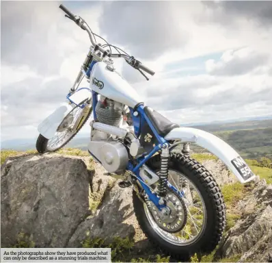  ??  ?? As the photograph­s show they have produced what can only be described as a stunning trials machine.In early 2015 they set off building in earnest to have the machine ready for the Pre-65 trial.