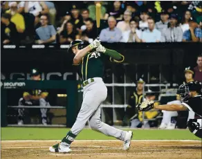  ?? MATT MARTON — THE ASSOCIATED PRESS ?? The Athletics’ Mark Canha hits an RBI single Monday in the second inning against the White Sox.