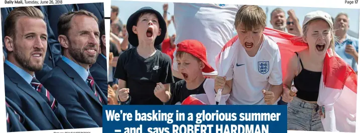  ?? Picture: REX/SHUTTERSTO­CK ?? Cheers: Young fans celebrate England’s win on Brighton beach. Left, Harry Kane and Gareth Southgate