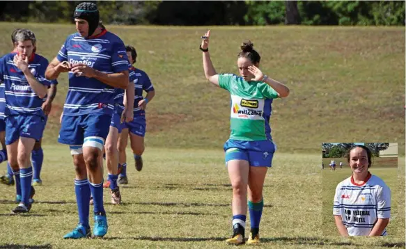  ?? Photo: GLEN McCULLOUGH ?? IN CHARGE: Toowoomba student Emilya Byrne controllin­g her first senior rugby union game at USQ Oval last Saturday between USQ and Toowoomba Rangers C grade teams. (Inset) Emilya Byrne is also a member of USQ’s Emily Cherry Cup team.