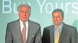  ?? AFP ?? MUMBAI: This file photograph taken on April 24, 2012, shows Tata Sons chairman, Ratan Tata (L) and deputy chairman of Tata Sons, Cyrus Mistry as they pose during a function to launch the new Croma e-retail store. —