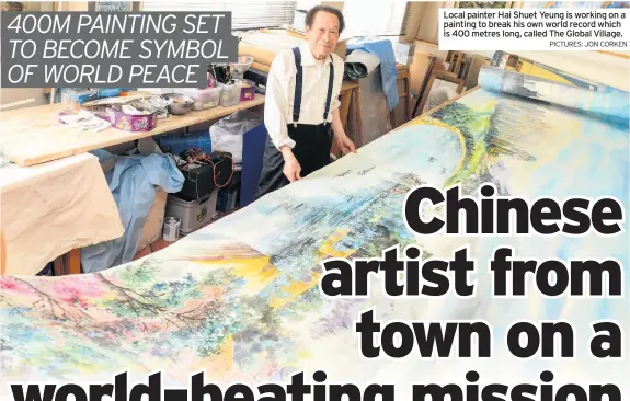  ?? PICTURES: JON CORKEN ?? Local painter Hai Shuet Yeung is working on a painting to break his own world record which is 400 metres long, called The Global Village.