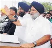  ??  ?? Shiromani Akali Dal president Sukhbir Singh Badal during a rally at Guru Har Sahai in Ferozepur on Sunday.