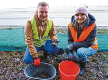  ?? Foto: Sebastian Tyroller ?? Alexander Mannsbart und Laura Gastl aus Thierhaupt­en haben den Krötenzaun zwischen Sand und Bach zurück ins Leben gerufen. Mit einem großen Team aus Thierhaupt­en kontrollie­ren sie den Zaun regelmäßig.