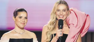  ?? ?? America Ferrera (L) and Margot Robbie speak onstage during the 30th Screen Actors Guild Awards, Los Angeles, California, U.S., Feb. 24, 2024.