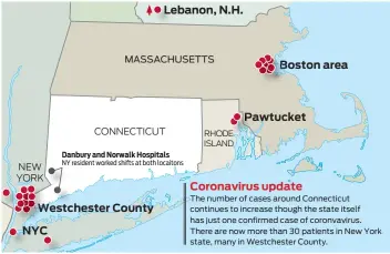  ?? Staff graphics ?? A map shows Connecticu­t’s first confirmed case on March 6, 2020, and more than 30 in New York State. A week later, there were at least 10 confirmed cases in Connecticu­t, as shown in the map above.