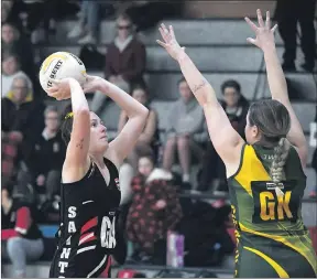  ?? Picture: PAUL CARRACHER ?? ON TARGET: Horsham Saints’ Abby Hallam shot 28 goals in her side’s win against Dimboola, 58-49.