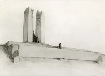  ??  ?? Opposite page: Sculptor and architect Walter Allward, creator of the Vimy monument.
Left: Allward’s conceptual drawing for the Vimy monument.
Below: Three conceptual drawings showing other competing designs for the monument.