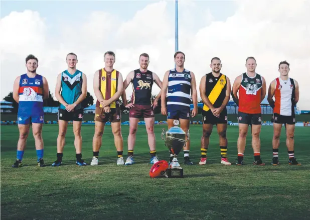  ??  ?? READY TO GO: Bulldogs' Daniel Smith, Pyramid Power's Danny Floyd, Hawks' Nathan Weiss, Lions' Tom Keygan, Crocs' Kye Chapple, Tigers' Travis Thorne, Cutters' Cameron Campbell and Saints' Cade Wellington, at the AFL Cairns season launch.