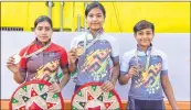  ??  ?? Kamrup: Gangotri Bordoloi of Assam (C), Swasti Singh of Odisha (L) and Chayanika Gogoi of Assam pose with their medals after the culminatio­n of the finals of U-21 60km cycling race in Khelo India Youth Games, on Monday