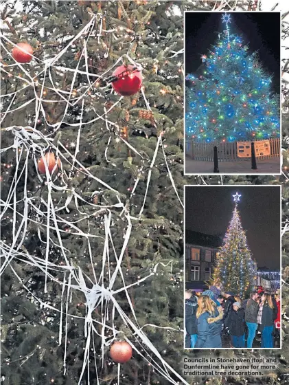  ??  ?? Councils in Stonehaven (top) and Dunfermlin­e have gone for more traditiona­l tree decoration­s.