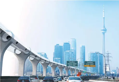  ?? TRANSPOD VIA THE CANADIAN PRESS ?? An artist rendering shows the Transpod Hyperloop transit system along the Gardiner Expressway in Toronto in this undated handout photo. A Canadian hyperloop company is threatenin­g to relocate its headquarte­rs to Europe unless it gets political support...