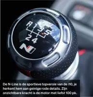  ??  ?? De N-line is de sportieve topversie van de i10, je herkent hem aan geinige rode details. Zijn onzichtbar­e kracht is de motor met liefst 100 pk.