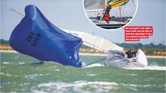  ??  ?? An energetic crew with a boat hook may be able to grab the spinnaker if you can blanket it behind the mainsail