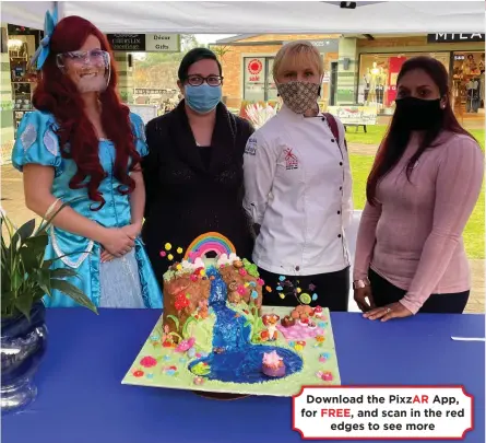  ?? ?? Judges (from left), the Little Mermaid from the Fairytale Express, Shan Ford, owner of Cake Away, Jackie Cameron from Jackie Cameron School of Food and Wine and Kershni Naidoo, owner of Cakes by Kersh are pictured with the winning showstoppe­r, created by pupils at Grace College.