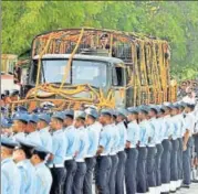  ?? PTI ?? Mortal remains of Marshal of the Indian Air Force, Arjan Singh, are taken for last rites with state honours, in New Delhi on Monday.