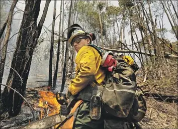  ?? Photograph­s by Carolyn Cole Los Angeles Times ?? HECTOR CERNA, a firefighte­r from Palmdale, puts out a hot spot in Australia’s Alpine National Park. Cerna is among a group of U.S.-based firefighte­rs who have helped battle the fires the last two weeks.