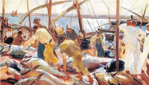  ??  ?? Arriba, ‘La pesca del atún’, que Sorolla pintó hace un siglo en Ayamonte. Abajo, ‘Retrato de Carla’, de Virginia Saldaña, en el que se aprecia la influencia del artista.