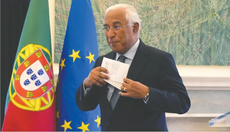  ?? ANA BRIGIDA / THE ASSOCIATED PRESS FILES ?? Outgoing Portuguese Prime Minister Antonio Costa resigned amid an investigat­ion into allegation­s government officials were influenced to speed project approvals.