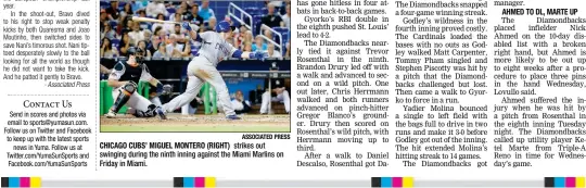  ?? ASSOCIATED PRESS ?? CHICAGO CUBS’ MIGUEL MONTERO (RIGHT) strikes out swinging during the ninth inning against the Miami Marlins on Friday in Miami.