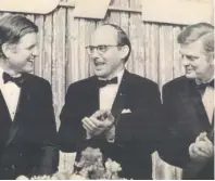  ??  ?? LEFT: Stevenson is flanked by U.S. Sen. Edward M. Kennedy, D-Mass. (left), and Democratic gubernator­ial candidate, Daniel Walker in 1972.