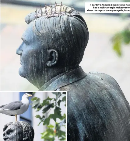  ??  ?? &gt; Cardiff’s Aneurin Bevan statue has had a Mohican-style makeover to deter the capital’s many seagulls, inset