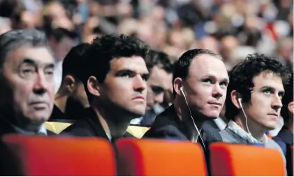  ?? Picture: Reuters ?? BRING IT ON. Cyclists Eddy Merckx (left), Greg van Avermaet, Chris Froome and defending champion Geraint Thomas attend the unveiling of the 2019 Tour de France route yesterday.