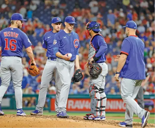  ?? TIM NWACHUKWU/GETTY IMAGES ?? Cubs starter Kyle Hendricks allowed seven runs and six hits in 3⅔ innings Thursday night against the Phillies at Citizens Bank Park.