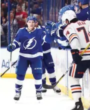  ?? PICTURE: USA TODAY Sports ?? Tampa Bay Lightning center Yanni Gourde (left) celebrates after scoring a goal against the Edmonton Oilers during the second period at Amalie Arena.