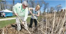  ?? JIM WELLS ?? David Bloom, president of Ducks Unlimited, left, joins Laureen Harper at the cleanup event held Sunday at Pearce Estate Park.