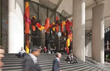  ??  ?? The north-facing steps at 1 Bligh Street (Architectu­s and Ingenhoven Architects) in Sydney open up the building to the street and provide a public seating area that is warm in winter but cool in summer. Artwork: James Angus, Day In, Day
Out, 2011.