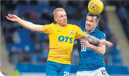  ??  ?? Kilmarnock’s Chris Burke, left, and Callum Booth battle it out at McDiarmid Park