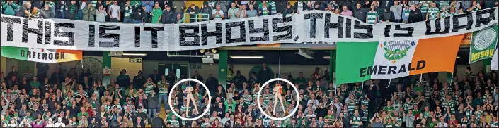  ??  ?? Ibrox anger: A Rangers spokesman said that hanging the two inflatable dolls, circled, from a stand was ‘a sickening and shameful display of outright sectarian hatred’