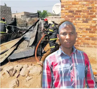  ?? ?? Scenes of the fire being put out at Ext 44. Locals are warned to disconnect electrical appliances. Insert: Joel Moraba who found his television set burned, after the transmissi­on of high electricit­y voltage due to load-shedding. ,