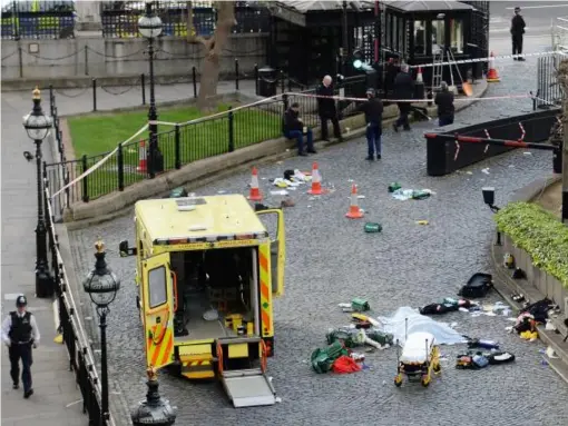  ??  ?? A body is covered by a sheet outside the Palace of Westminste­r. Five people have been pronounced dead (PA)