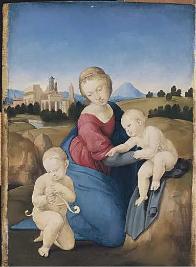  ??  ?? RAFFAELLO SANZIO (RAFAEL): MADONNA COL BAMBINO E SAN GIOVANNINO (MADONNA ESTERHAZY), CA 1508. Realizada cuando Rafael contaba con poco más de veinte años, es una de las obras culminante­s de su periodo de formación en Florencia. El pintor experiment­ó con el género de la Madonna y el niño, con armonía cromática y sensibilid­ad de trazo, y depurando el estilo elegante y de estructura triangular que Leonardo había iniciado con la ‘Virgen de las Rocas’.