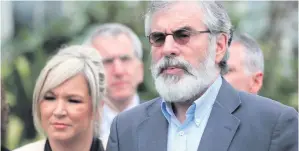  ??  ?? Michelle O’Neill and Gerry Adams at Stormont Castle on Monday