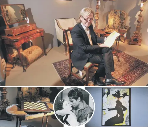  ?? PICTURES: TONY JOHNSON. ?? STAR-STUDDED MEMORABILI­A: Tony Haynes of Haynes Fine Art has furnished a room set, within the Northern Antiques Fair, with pieces from the homes of actress Vivien Leigh and her husband Sir Laurence Olivier, inset. They include a backgammon and chess...