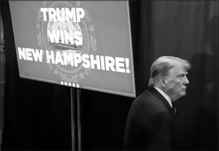  ?? MATT ROURKE / ASSOCIATED PRESS ?? Former President Donald Trump walks backstage after speaking at a primary election night party Tuesday in Nashua, N.H. As Trump pivots to a general election, early results point at the rough road ahead with critical independen­t voters.