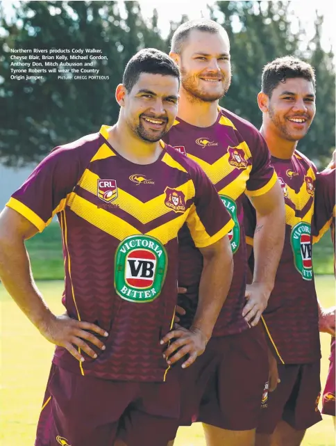  ??  ?? Northern Rivers products Cody Walker, Cheyse Blair, Brian Kelly, Michael Gordon, Anthony Don, Mitch Aubusson and Tyrone Roberts will wear the Country Origin jumper. Picture: GREGG PORTEOUS