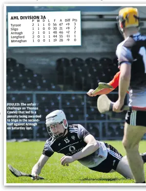  ??  ?? FOULED: The unfair challenge on Thomas Cawley that led to a penalty being awarded to Sligo in the secondhalf against Armagh on Saturday last.
Pts 3 2 2 1 0